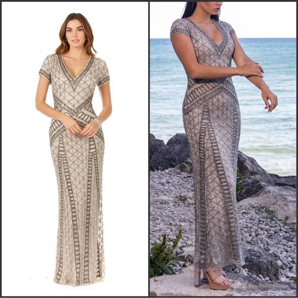 LARA  Beaded V  Neck Neckline Dress Gown Cap Sleeves